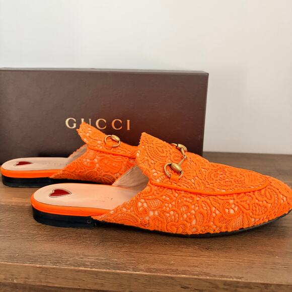 GUCCI Princetown Orange Lace Horsebit Mules EU 38.5 US 8.5 COA Luxury Slip On - Picture 4 of 11